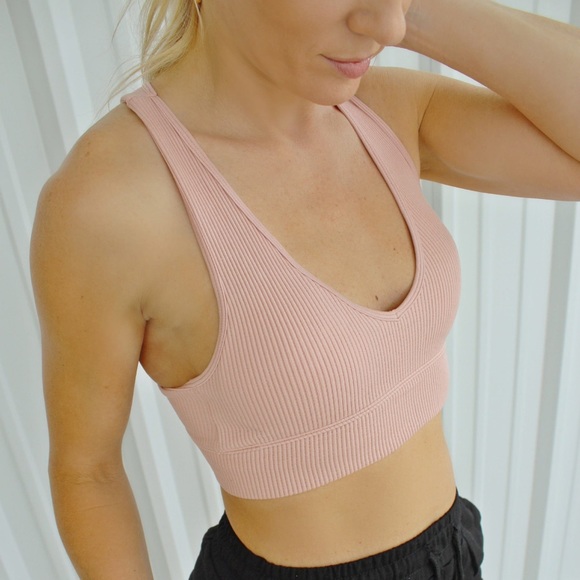 Padded Rib Racerback Sports Bra-Pale Pink - Picture 2 of 3